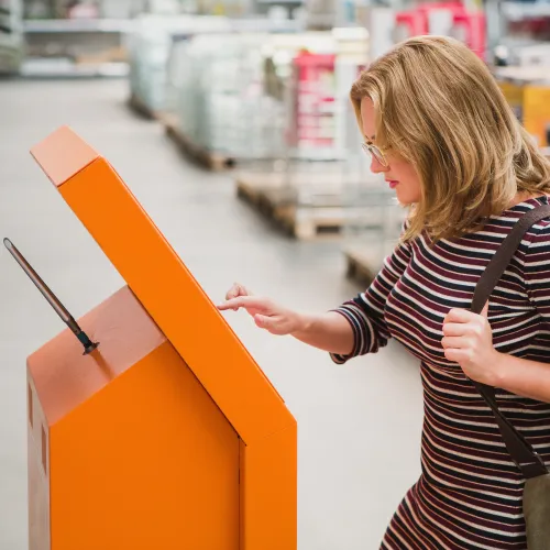 woman clicking on kiosk